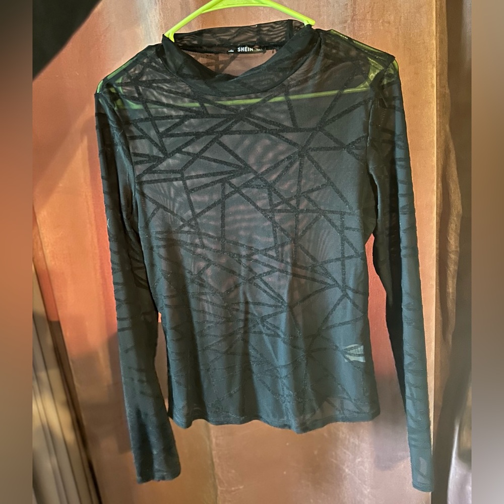 SHEIN Black Sheer Geometric Long Sleeve Top